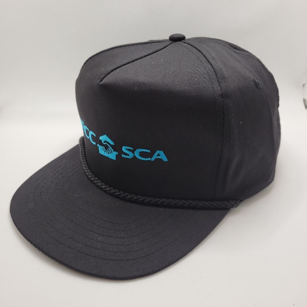 Black Stacked Hat FCC SCA Embroidered Logo Leather Strapback Adjustable Cap